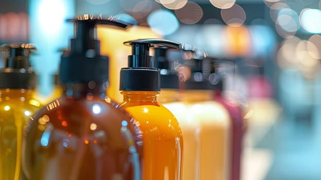 Close-up of elegant hair product bottles in a modern salon or bathroom setting.