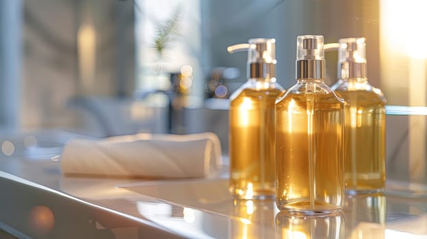 Three stylish bottles of shampoo and conditioner on a bathroom counter, bathed in warm sunlight.