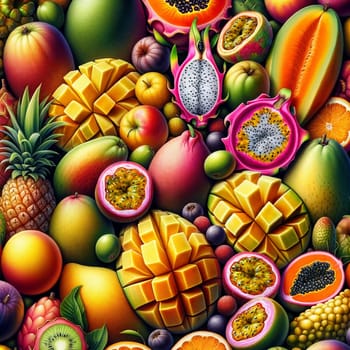 A photorealistic painting featuring a diverse assortment of colorful and exotic fruits and vegetables.