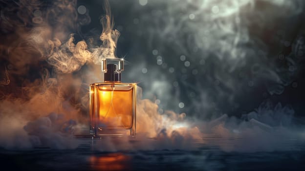 A close-up of a luxurious perfume bottle emitting a delicate mist on a dark background.