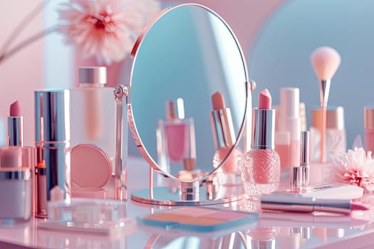 A collection of cosmetic products neatly arranged around a tabletop mirror.