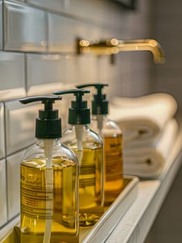 Three bottles of shampoo and conditioner in a contemporary bathroom, showcasing clean lines and minimalist design.