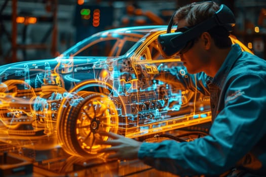 A man is looking at a car with a VR headset on. The car is a futuristic design with bright orange accents. The man is examining the car's engine, possibly making adjustments or repairs