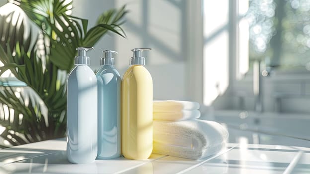 Three elegant bottles of shampoo and conditioner are displayed on a countertop in a spa-like bathroom setting.