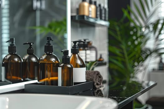 Close-up shot of stylish brown glass bottles with black pumps, likely containing shampoo and conditioner, neatly arranged on a black tray in a modern bathroom.