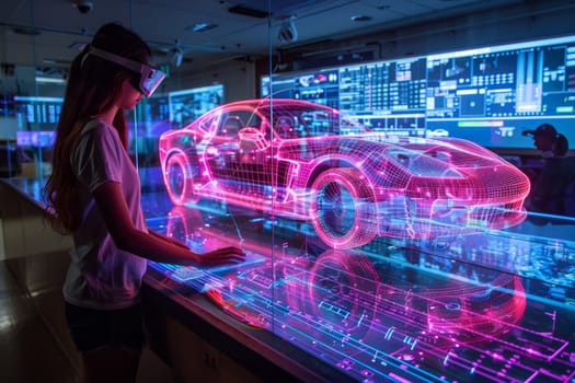 A person is looking at a car with a VR headset on. The car is a futuristic design with bright orange accents. The man is examining the car's engine, possibly making adjustments or repairs