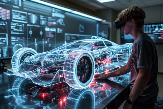 A person is looking at a car with a VR headset on. The car is a futuristic design with bright orange accents. The man is examining the car's engine, possibly making adjustments or repairs