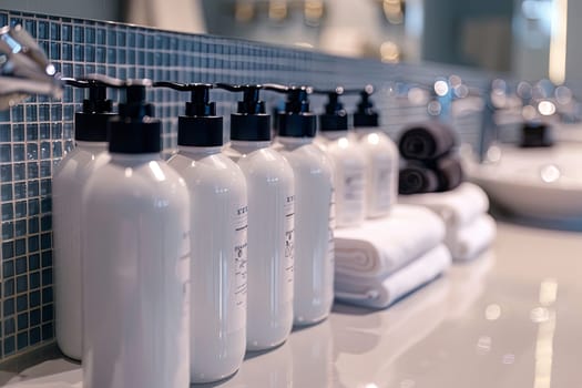 A row of sleek white shampoo and conditioner bottles sit on a bathroom counter, with a mosaic tile backsplash and white towels.