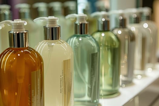 Rows of stylish bottles featuring shampoo and conditioner products displayed on a countertop, showcasing a luxurious and clean salon or bathroom setting.