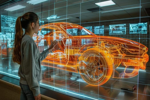 A person is looking at a car with a VR headset on. The car is a futuristic design with bright orange accents. The man is examining the car's engine, possibly making adjustments or repairs