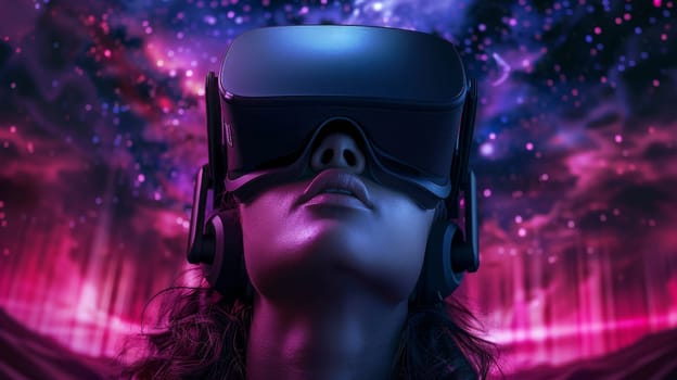 A woman wearing a virtual reality headset is looking at a cityscape. Concept of immersion and wonder as the woman explores the virtual world