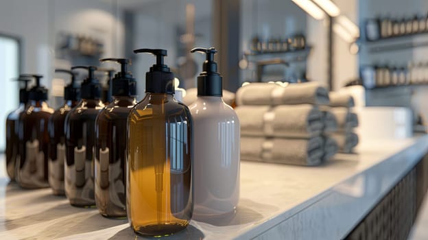 A row of elegant shampoo and conditioner bottles sit on a bathroom counter.