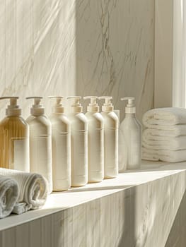 White bottles of shampoo and conditioner are lined up on a shelf in a bathroom, bathed in soft sunlight.