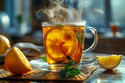 A steaming cup of black tea with mint and lemon on a dark background. AI generated.