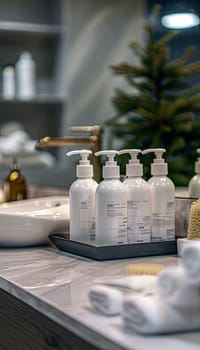 Close-up of sleek bottles of shampoo and conditioner on a marble counter in a contemporary bathroom setting.