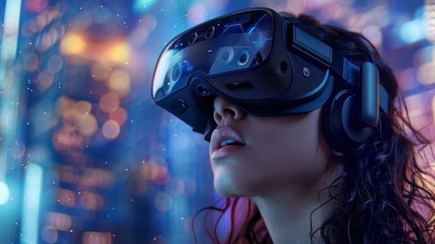 A woman wearing a virtual reality headset is looking at a cityscape. Concept of immersion and wonder as the woman explores the virtual world