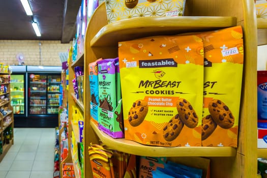 Sokuluk, Kyrgyzstan - April 5, 2024: Chocolate bars and cookies by Mr Beast on small store shelf, his company called Feastables that makes these and other treats