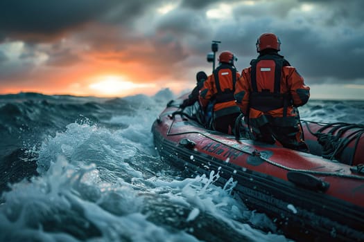 Rescuers sail on an inflatable boat in cloudy weather at sea.