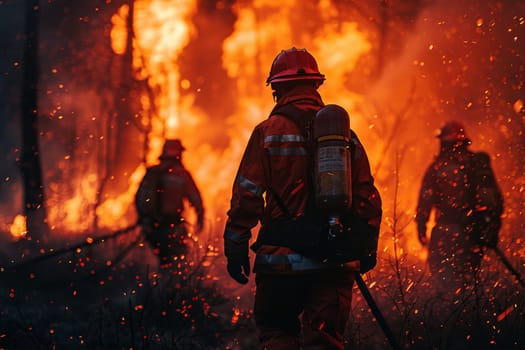 Firefighters extinguish a forest fire. The concept of dangerous work of rescuers.