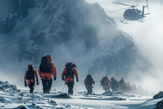 A group of rescuers and a rescue helicopter in the mountains in winter.