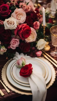 Elegant tablescape, formal dinner table setting with red roses and wine, elegant table decor for wedding, dinner party and holiday event decoration, home styling idea