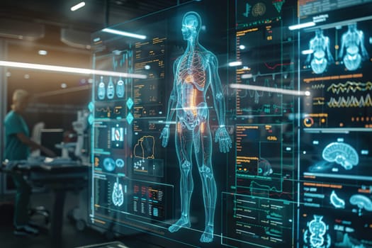 Medical HUD screen user interface with human body hologram in laboratory. Scan health data on infographic panel with DNA test diagnostics.
