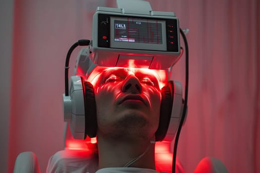 Patient on a couch with medical instruments for studying the brain on his head. Brain scanner. The concept of high technology in medicine and biology.