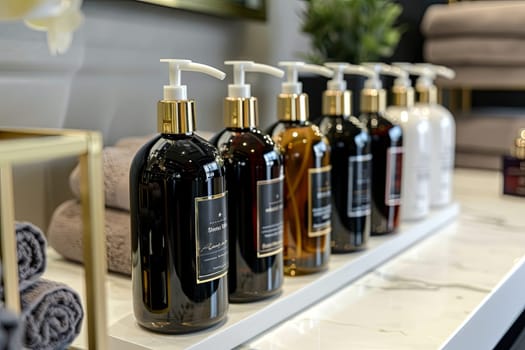 A close-up image of luxurious shampoo and conditioner bottles in a clean and modern bathroom.