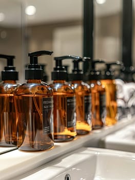 Close-up of elegant amber bottles of shampoo and conditioner lined up on a bathroom shelf.