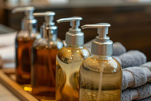 Close-up of four elegant shampoo and conditioner bottles with silver pumps, positioned on a wooden shelf in a luxurious bathroom setting.