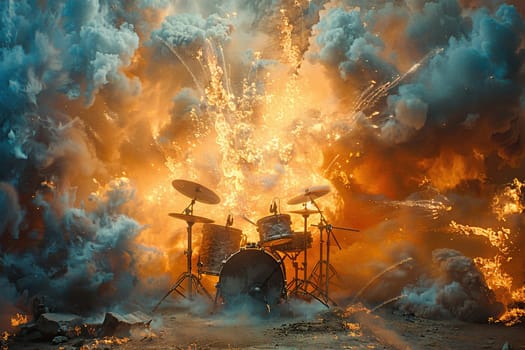 Drum set in puffs of smoke and clouds.