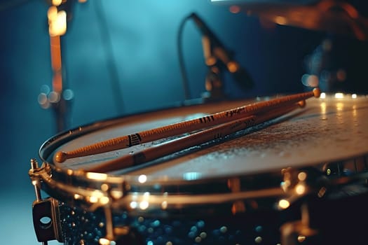 Drumsticks on a drum, close-up. Live music concept.