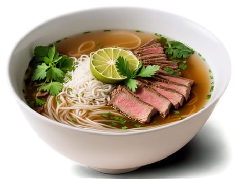 Pho Bo steaming bowl of aromatic beef broth with slender rice noodles thinly sliced beef. Food isolated on transparent background.