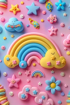 Illustration in 3D style with rainbow, stars and clouds. Vertical cartoon background for tik tok, instagram, stories.