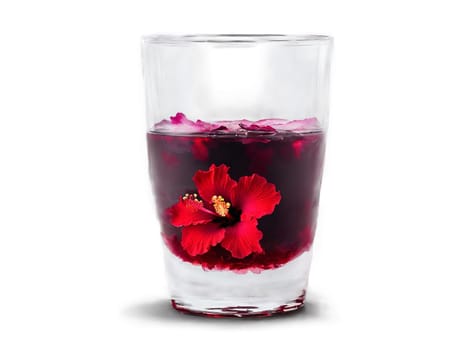 Hibiscus Tea Deep red hibiscus tea in a delicate glass with hibiscus petals drifting gracefully. Drink isolated on transparent background.