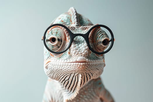 White chameleon with glasses on a white background.