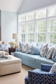 Interior design, living room decor and house improvement, furniture, sofa, home decor, white and blue textiles, country cottage lounge style, post-processed, generative ai