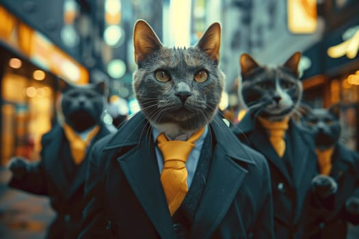 Three cats in business suits and ties go to work against the backdrop of a blurred city. Concept of doing business, work.