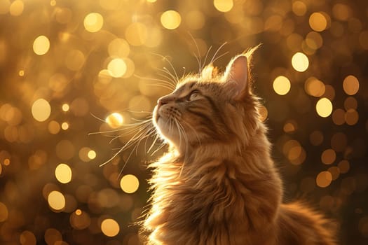 Fantastic image of a cat with glowing fur on a blurred background with golden bokeh