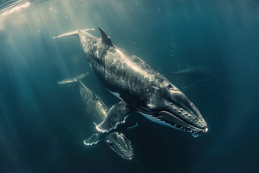 An adult whale and a newborn calf underwater.