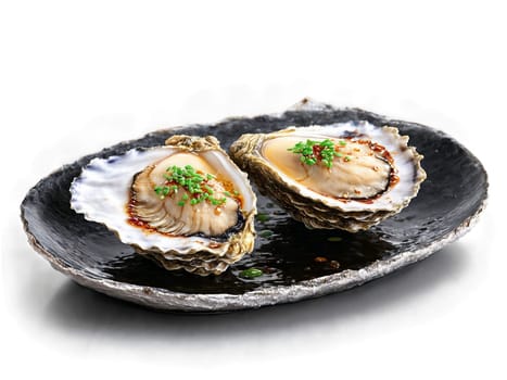 Kaki no Teppanyaki Grilled oysters with a soy based sauce served on a glass platter. Food isolated on transparent background.