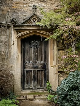 Entrance to a historic manor, framed by antique architectural elements and flanked by potted topiaries, features an aged door, the surrounding ivy and stonework add to the timeless elegance of the property