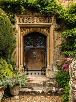 Entrance to a historic manor, framed by antique architectural elements and flanked by potted topiaries, features an aged door, the surrounding ivy and stonework add to the timeless elegance of the property