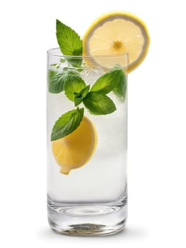 Norwegian Juleol in clear glass garnished with slice of lemon and sprig of green mint. Drink isolated on transparent background.