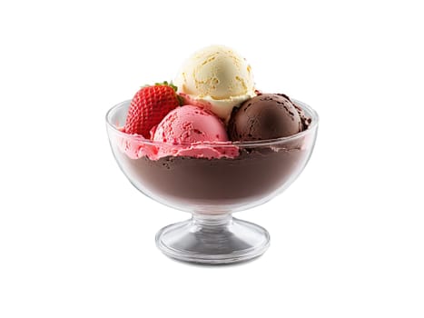 Ice cream Neapolitan scoops with chocolate vanilla and strawberry in a transparent glass bowl colorful. Food isolated on transparent background.