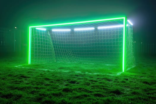 Football goal with neon glow on green grass in the dark.