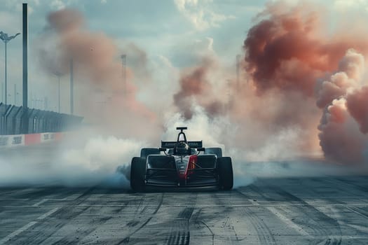 A racing car on the track with clouds of smoke behind.