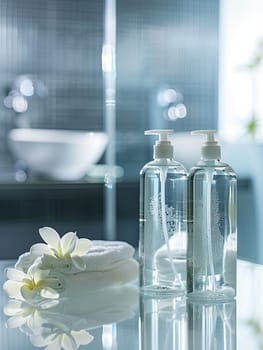 Two clear bottles of shampoo and conditioner with pumps sit on a glass countertop in a modern bathroom.