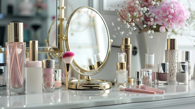 A close-up of a vanity table with a gold-rimmed mirror surrounded by beauty products, brushes, and a bouquet of pink flowers.