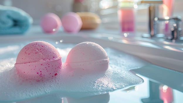 Two pink bath bombs fizz and release bubbles in a clear bathtub, a luxurious and relaxing bath time scene.